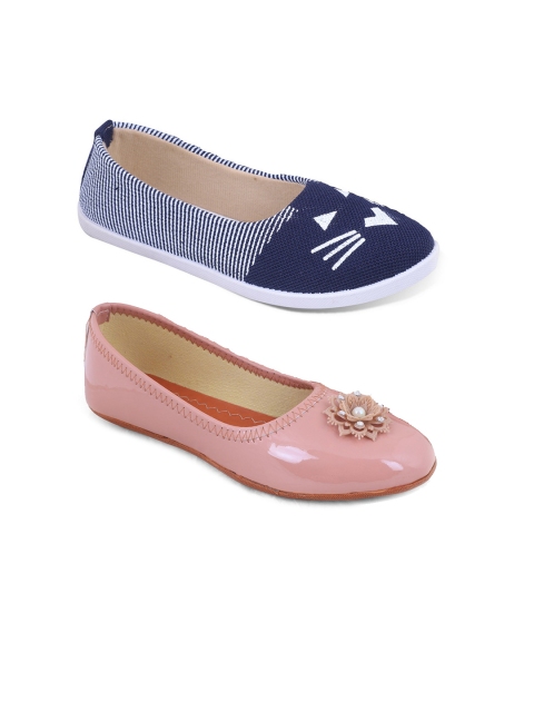 

FABBMATE Women Pack of 2 Printed Bows Flats, Blue