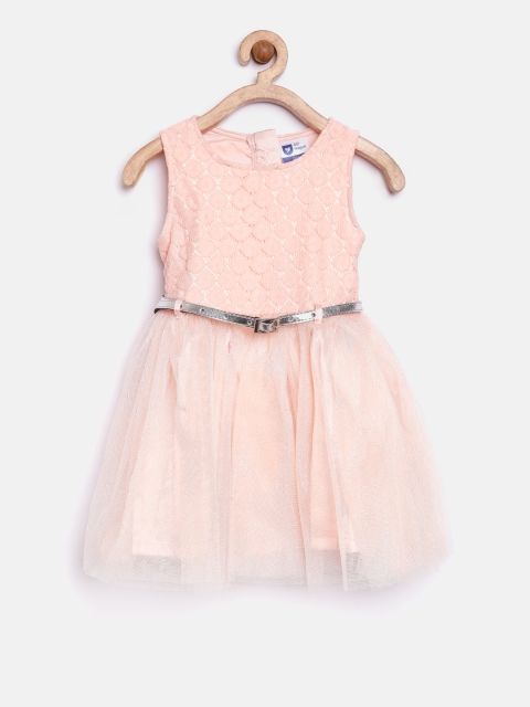 

612 league Girls Peach-Coloured Lace Fit & Flare Dress