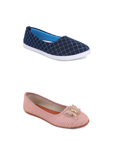 

FABBMATE Women Pink & Blue Printed Bows Pack Of 2 Flats