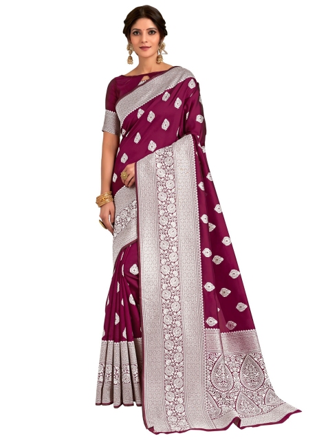 

SARIYA Purple & Silver-Toned Floral Zari Silk Blend Banarasi Saree