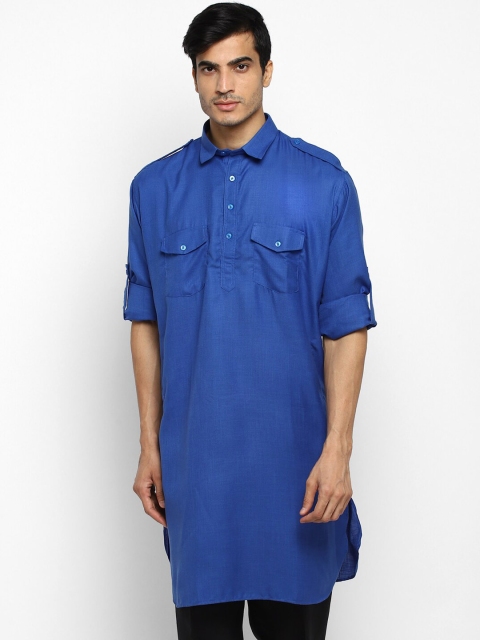 

ROYAL KURTA Men Blue Pleated Pure Cotton Kurta with Salwar