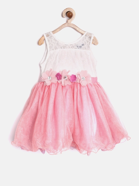 

612 league Girls Pink & Off-White Fit & Flare Dress with Lace Detail