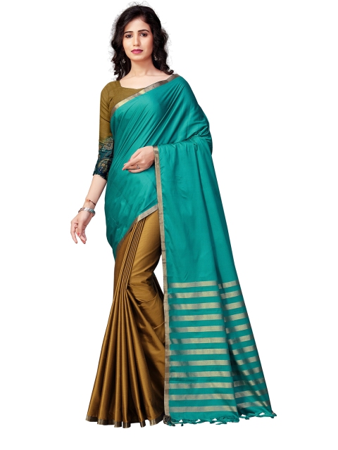 

VENISA Teal & Bronze-Toned Striped Zari Saree