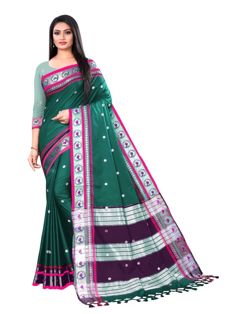 

VENISA Teal & Pink Woven Design Pure Silk Block Print Saree