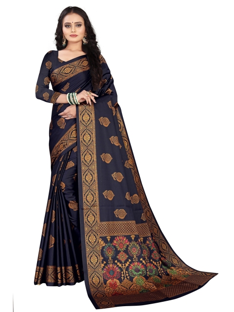 

VENISA Navy Blue & Mustard Floral Zari Bagh Saree