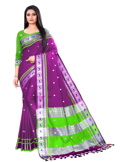 

VENISA Purple & Green Embellished Zari Pure Silk Block Print Saree