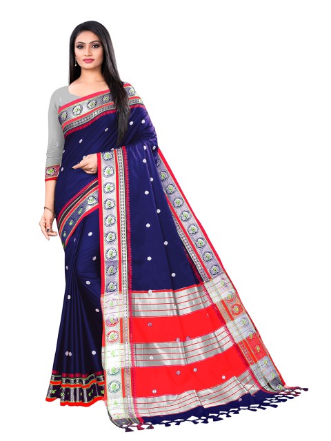 

VENISA Navy Blue & Red Embellished Zari Pure Silk Block Print Saree