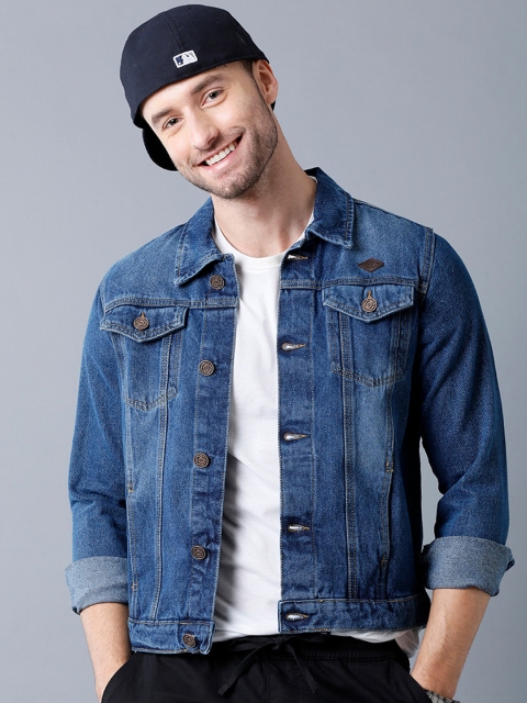 

YOVISH Men Blue Washed Checked Crop Denim Jacket with Patchwork