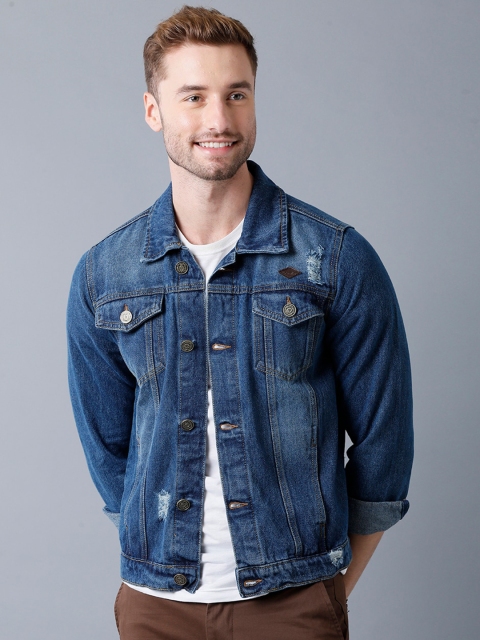 

YOVISH Men Blue Washed Denim Jacket with Patchwork