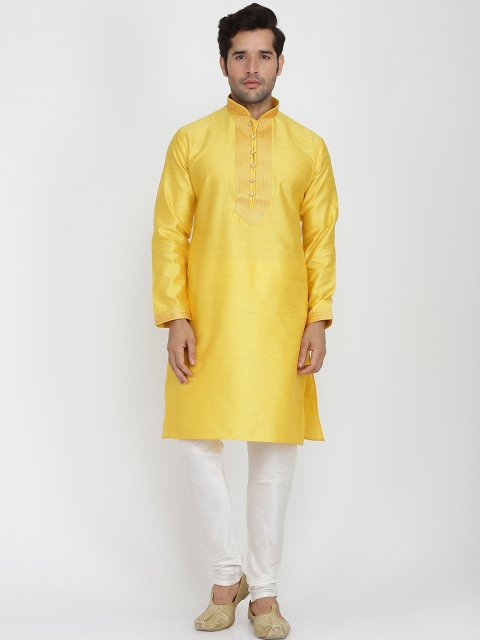 

ROYAL KURTA Men Yellow Yoke Design Angrakha Kurta with Pyjamas
