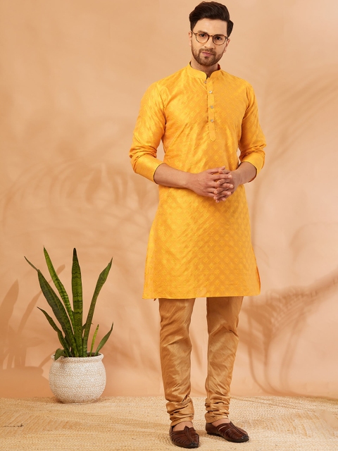 

Armaan Ethnic Men Yellow Chikankari Kurta with Churidar
