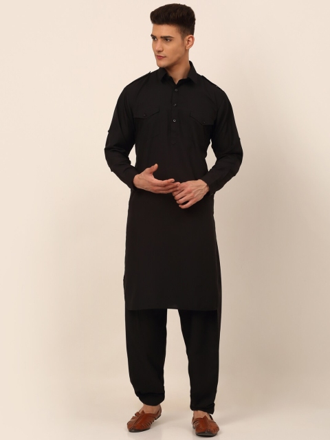 

Jompers Men Black Pleated Pure Cotton Kurti with Pyjamas