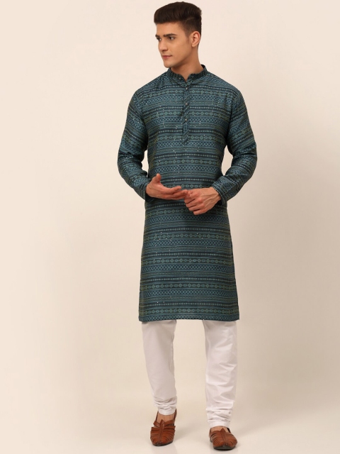 

Jompers Men Teal Angrakha Sequinned Kurti with Dhoti Pants