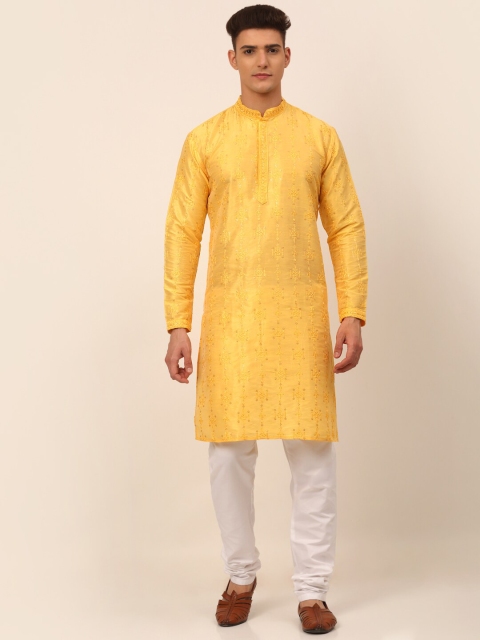 

Jompers Men Yellow Ethnic Motifs Angrakha Chikankari Kurti with Dhoti Pants