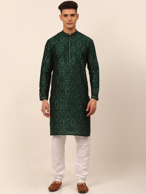 

Jompers Men Green Ethnic Motifs Empire Chikankari Kurta with Pyjamas