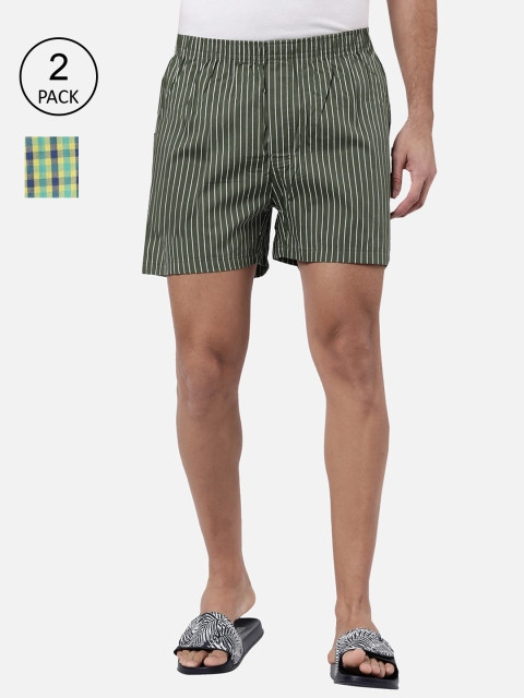 

R&B Men Pack Of 2 Green Printed Pure Cotton Boxers, Olive