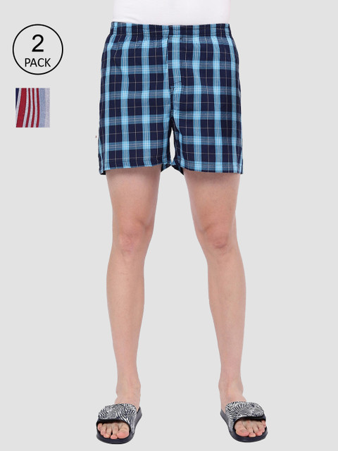 

R&B Men Blue & Orange Pack Of 2 Checked Pure Cotton Boxers, Green