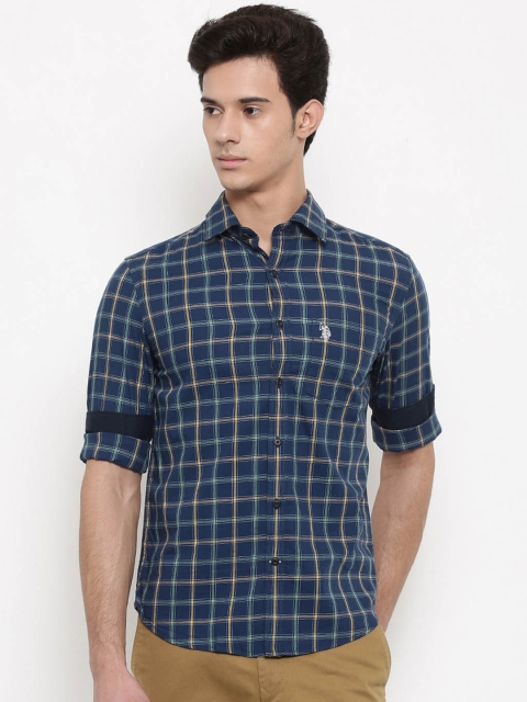 

U.S. Polo Assn. Men Navy Blue & Green Tailored Fit Checked Casual Shirt