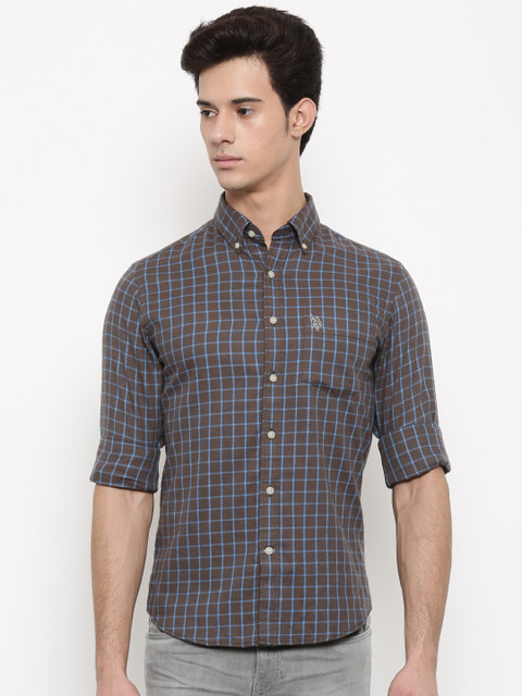 

U.S. Polo Assn. Men Brown & Blue Regular Fit Checked Casual Shirt
