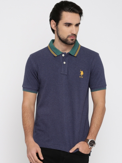 

U.S. Polo Assn. Men Blue Solid Polo Collar Pure Cotton T-shirt