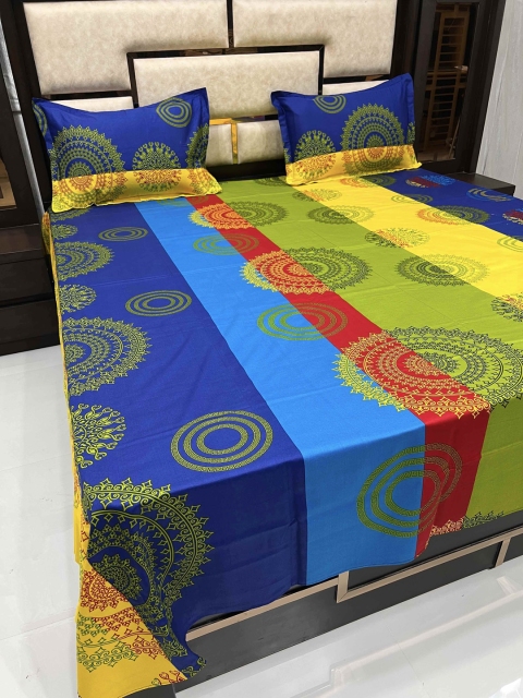 

Pure Decor Green & Blue Geometric 400 TC Queen Bedsheet with 2 Pillow Covers