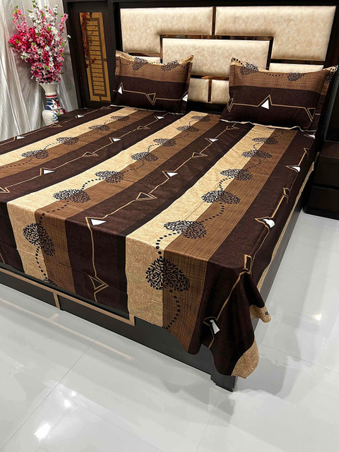 

Pure Decor Brown & Mustard Geometric 400 TC Queen Bedsheet with 2 Pillow Covers
