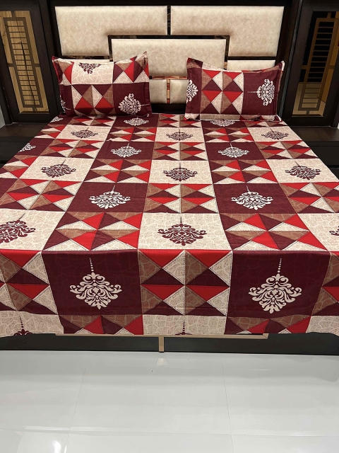 

Pure Decor Red & Brown Geometric 400 TC Queen Bedsheet with 2 Pillow Covers