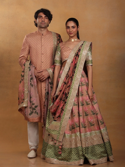 

Masaba Pink & Green Embellished Ready to Wear Lehenga & Blouse With Dupatta