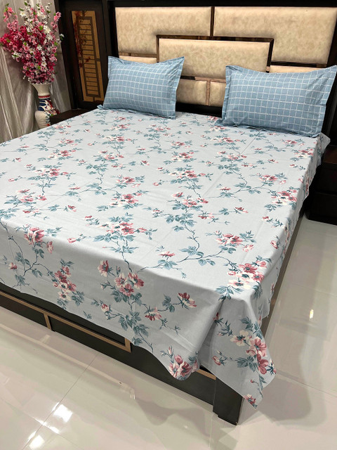 

Pure Decor Blue & White Floral 300 TC Queen Bedsheet with 2 Pillow Covers