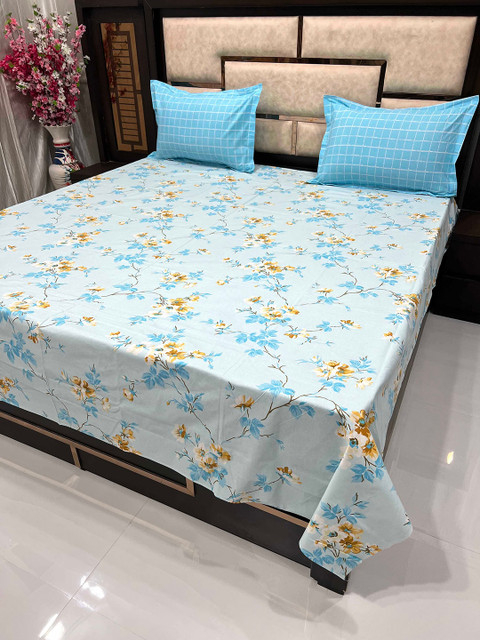 

Pure Decor Blue & Brown Floral 300 TC Queen Bedsheet with 2 Pillow Covers