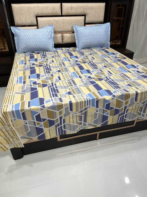 

Pure Decor Blue & Cream-Coloured Geometric 300 TC Queen Bedsheet with 2 Pillow Covers