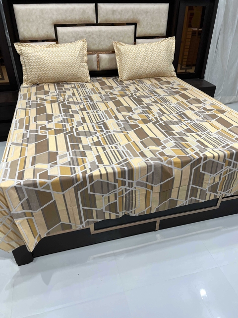 

Pure Decor Brown & Yellow Geometric 300 TC Queen Bedsheet with 2 Pillow Covers