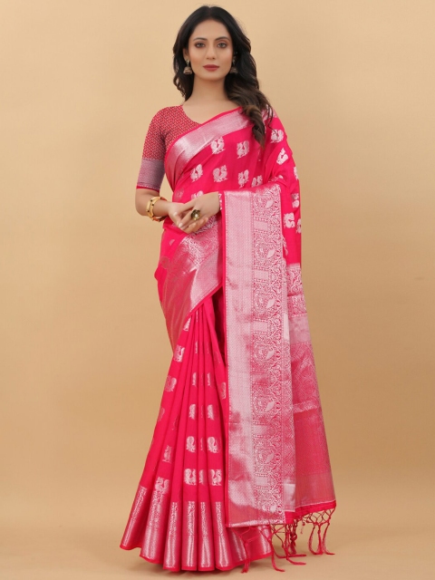 

LINARO LIFESTYLES Coral & Silver-Toned Woven Design Zari Pure Silk Banarasi Saree