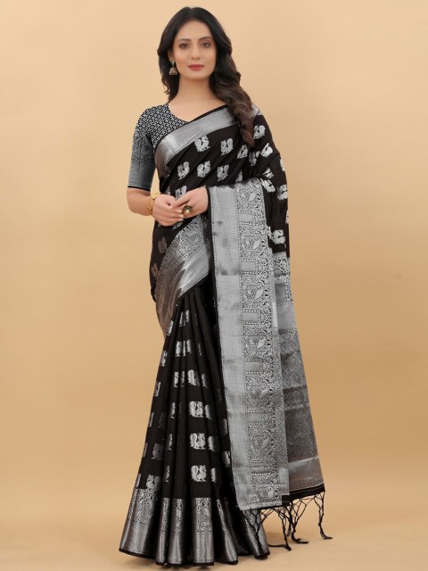 

LINARO LIFESTYLES Black & Silver-Toned Woven Design Zari Pure Silk Banarasi Saree