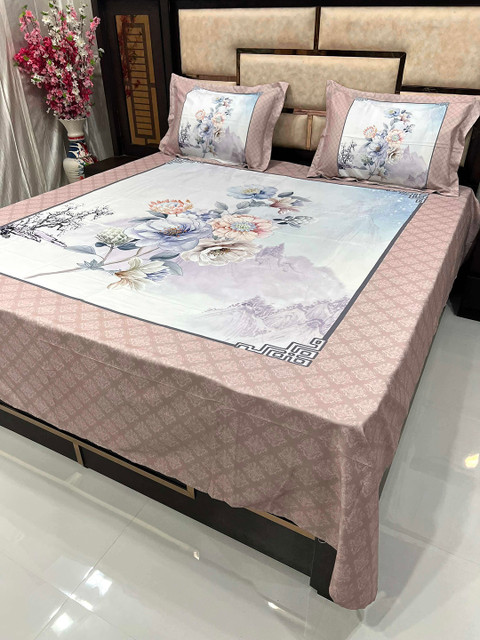 

Pure Decor Peach-Coloured & Grey Floral 350 TC King Bedsheet with 2 Pillow Covers