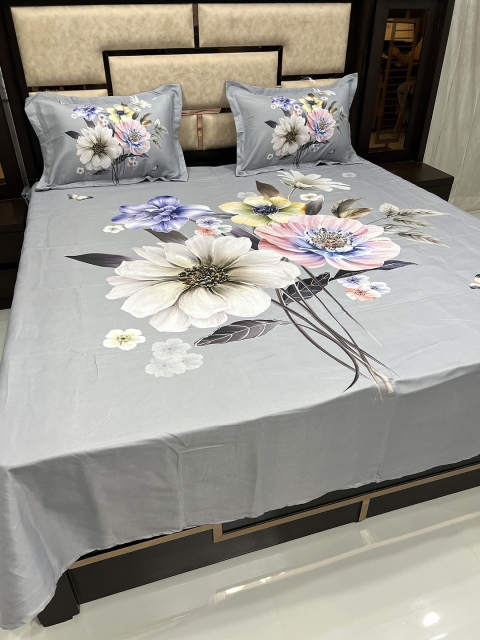 

Pure Decor Grey & Yellow Floral 350 TC King Bedsheet with 2 Pillow Covers