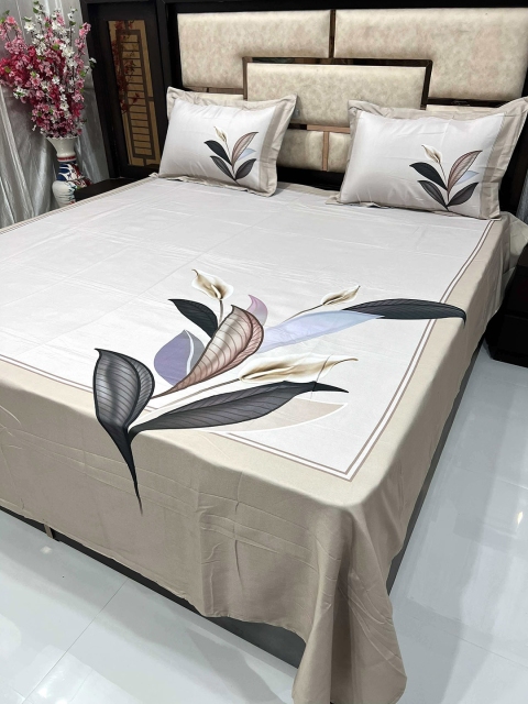 

Pure Decor Cream-Coloured & Grey Floral 350 TC King Bedsheet with 2 Pillow Covers