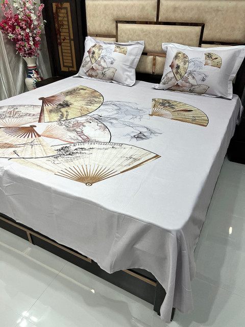 

Pure Decor White & Beige Printed 350 TC King Bedsheet with 2 Pillow Covers