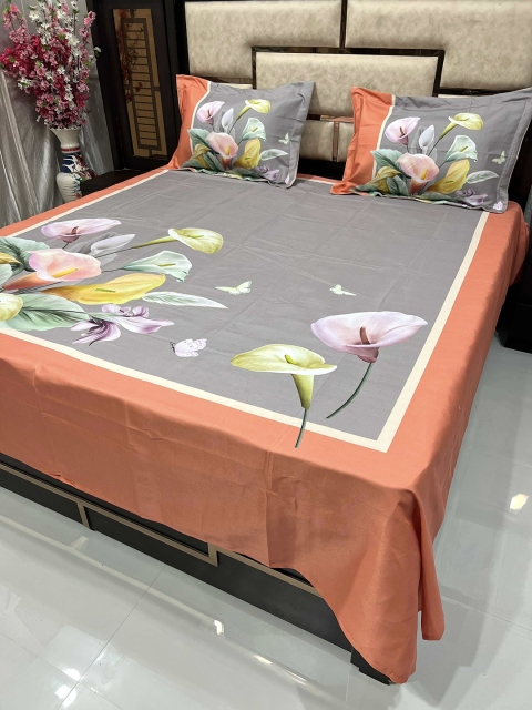 

Pure Decor Orange & Green Floral 350 TC King Bedsheet with 2 Pillow Covers