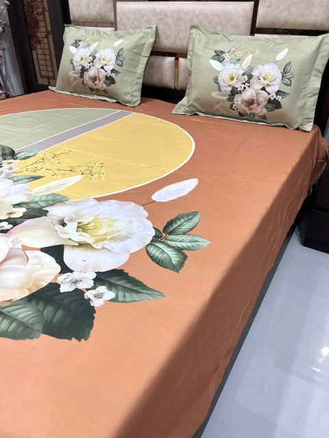 

Pure Decor Orange & Green Floral 350 TC King Bedsheet with 2 Pillow Covers