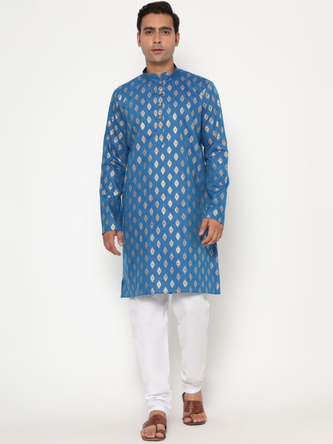 

THE FAB 3 Men Turquoise Blue Ethnic Motifs Printed Angrakha Pure Cotton Kurta with Pyjamas