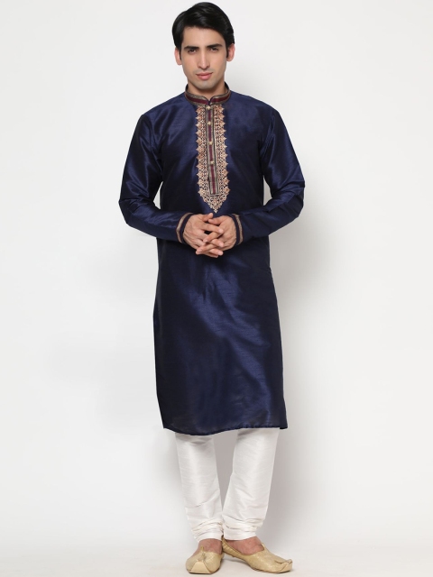 

THE FAB 3 Men Navy Blue Embroidered High Slit Pure Cotton Kurta with Pyjamas