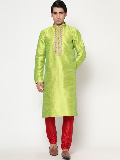 

THE FAB 3 Men Lime Green Embroidered Pure Cotton Kurta with Pyjamas