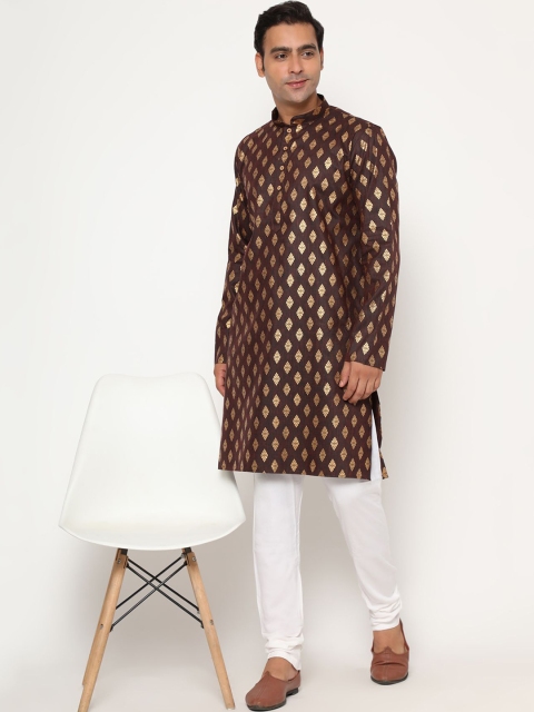 

THE FAB 3 Men Coffee Brown Printed Pleated Pure Cotton Kurti with Skirt