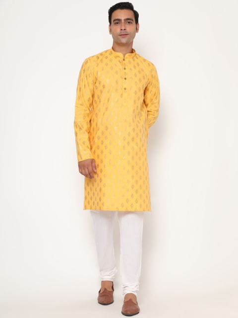 

THE FAB 3 Men Yellow Angrakha Pure Cotton Kurta with Trousers