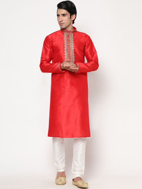 

THE FAB 3 Men Red Embroidered Angrakha Pure Cotton Kurta with Pyjamas
