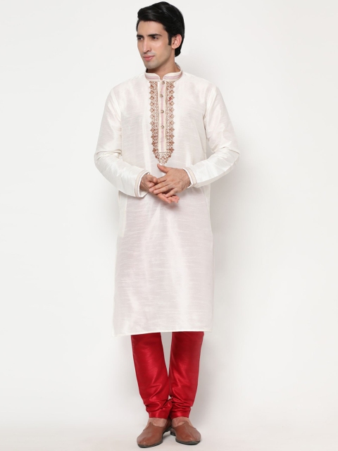 

THE FAB 3 Men White Embroidered Pure Cotton Kurta with Pyjamas