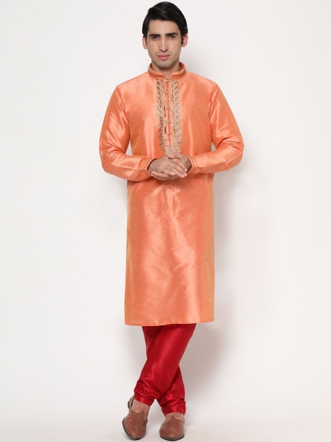 

THE FAB 3 Men Peach-Coloured Embroidered Pure Cotton Kurta with Pyjamas