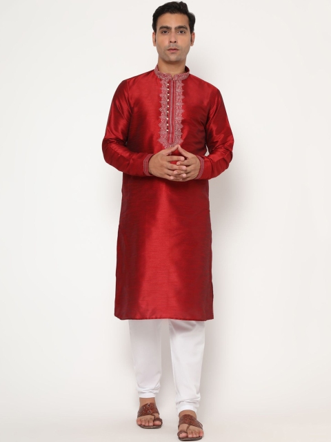 

THE FAB 3 Men Maroon Yoke Design Pure Cotton Kurta with Pyjamas