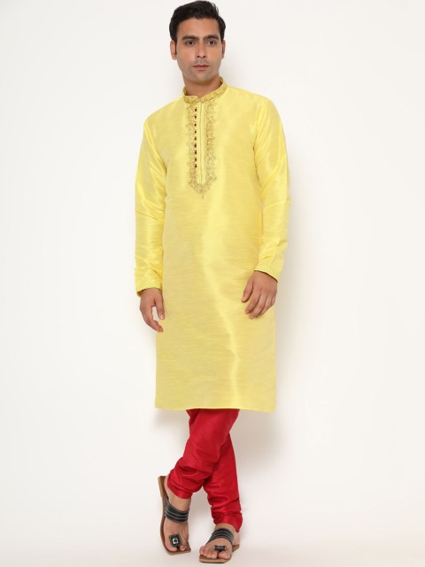 

THE FAB 3 Men Yellow Yoke Design Pure Cotton Kurta with Churidar